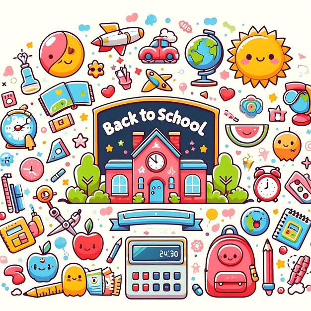 Photo a colorful cartoon illustration of a school with the words back to school written on it