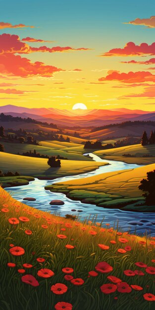 Colorful cartoon meadow with river poppies and golden light