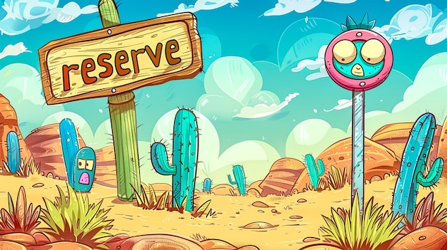 Colorful cartoon of a playful desert scene with a quirky reserve sign