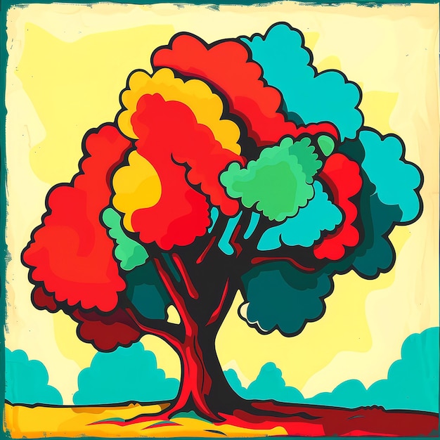 Colorful cartoon popart style tree with minimal details Generative AI