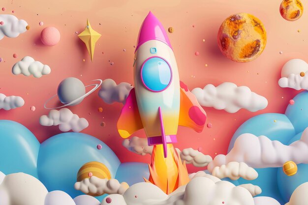 Colorful cartoon rocket flying among the planets