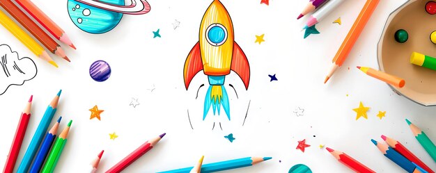 Colorful Cartoon Rocket Taking Off Surrounded by Art Supplies in a Creative Launch Concept on White Background Perfect for Educational Material AI