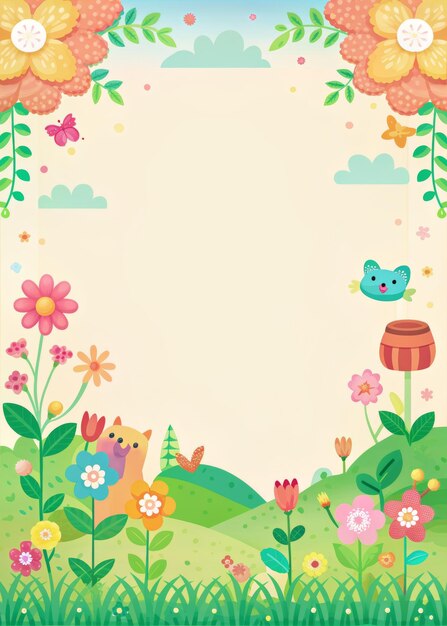 Photo colorful cartoon spring garden with flowers cute animals and blue sky perfect for childrens books posters and greeting cards