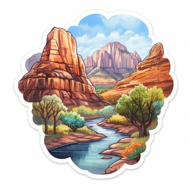 Фото Цветная мультфильмная наклейка национального парка сион с водой и красным скальным ландшафтом