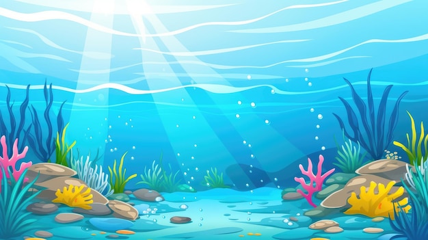 魚やサンゴ礁が描かれたカラフルなアニメの水中シーン