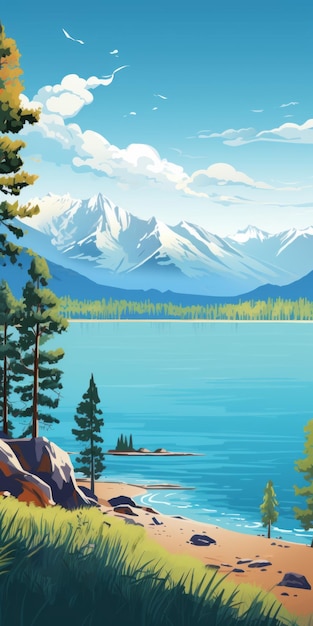 Colorful Cartoon Vector Travel Posters to Lake Tahoe