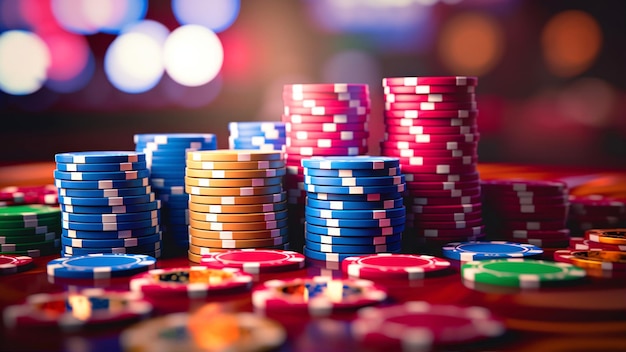 Красочные фишки казино на столе Размытый фон боке