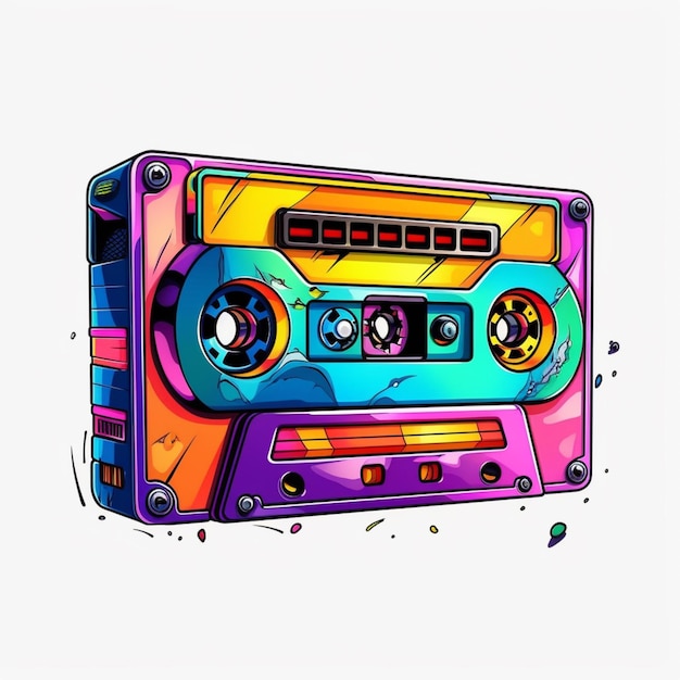 A colorful cassette player with a splattered design on it generative ai