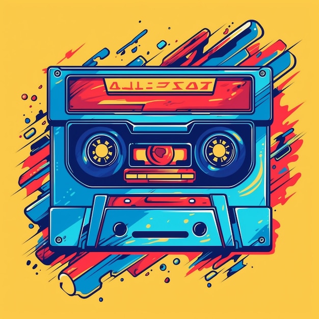 a colorful cassette player with a yellow background generative ai