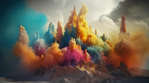 色鮮やかな城が煙の雲に照らされています。