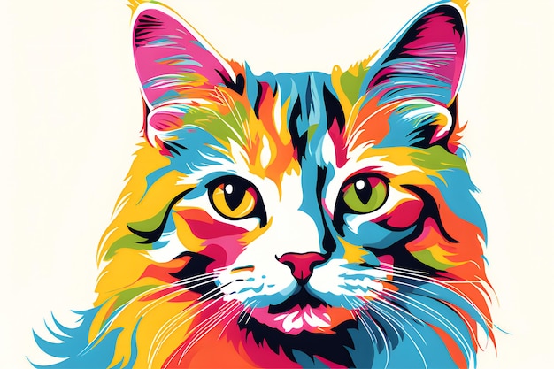a colorful cat illustration design is standing on a white background