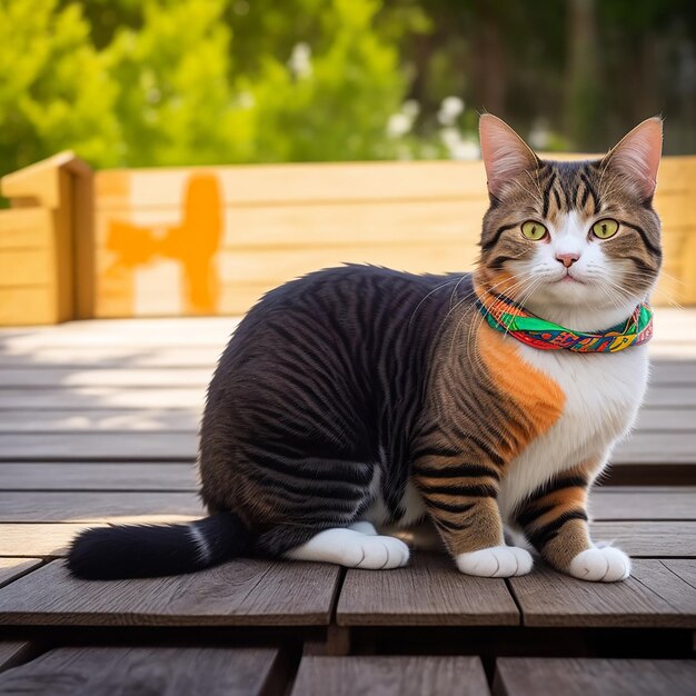 A colorful cat is sitting on a wooden deck with the word cat on it