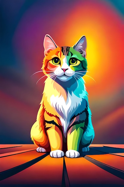 A colorful cat is sitting on a wooden deck with the word cat on it.