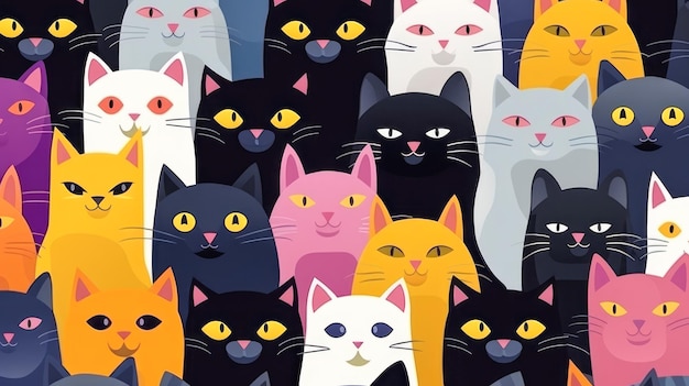 Colorful cat pattern Creative collage of illustrated cats in various colors for design or wallpaper Generated AI