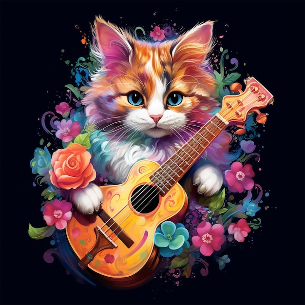 Colorful cat playing ukulele generated by AI