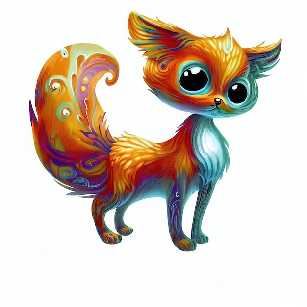 A colorful cat with big eyes and a long tail with a long tail.