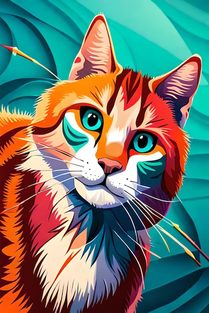 A colorful cat with blue eyes is shown on a colorful background.