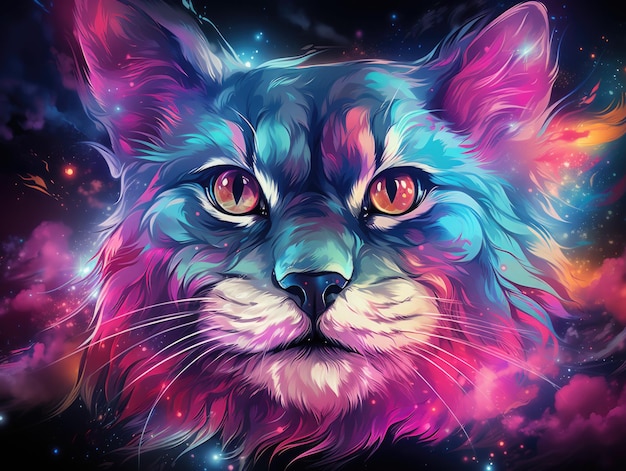 A colorful cat with bright eyes in the sky ai