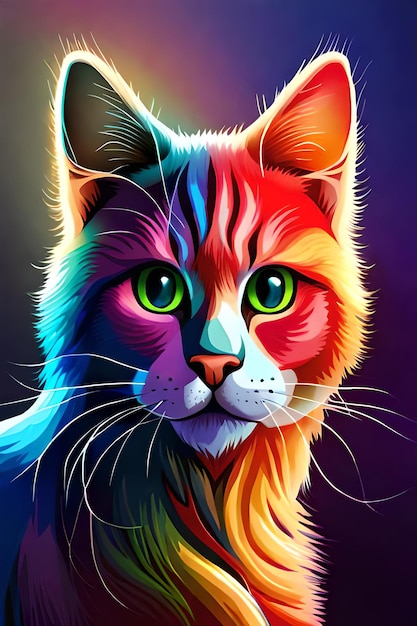 A colorful cat with green eyes is shown.