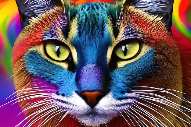 A colorful cat with green eyes is shown.