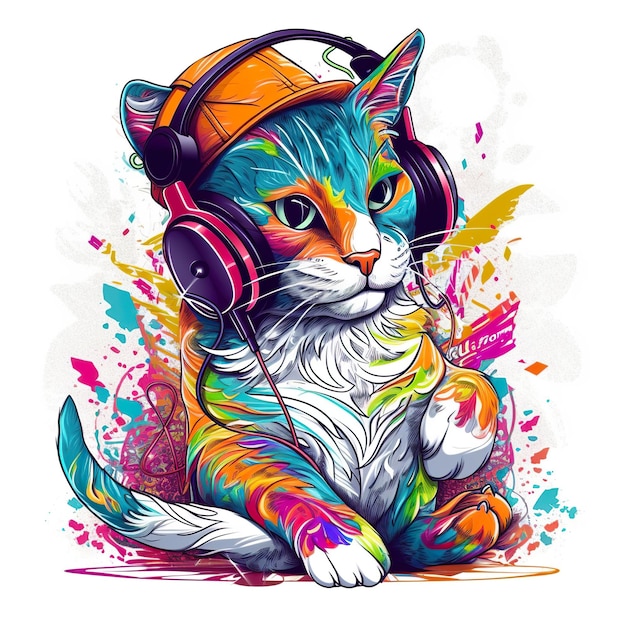 A colorful cat with headphones AI generative Clipart on white background