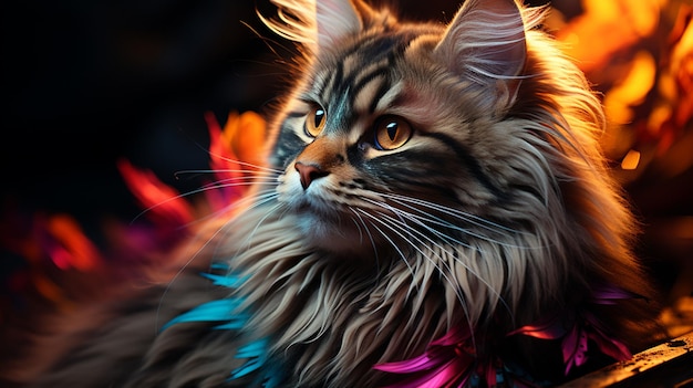 A colorful cat with a long tail and a long tail