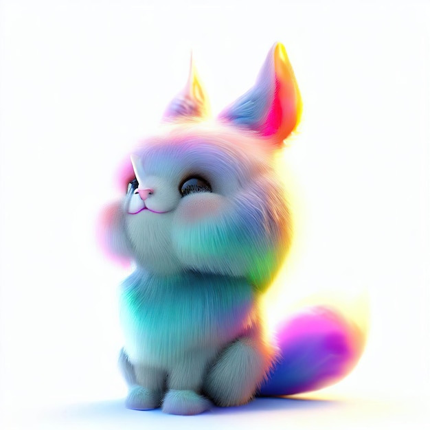 A colorful cat with a rainbow tail sits on a white background.