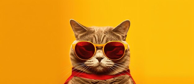 colorful cat with sunglasses looking at yellow background