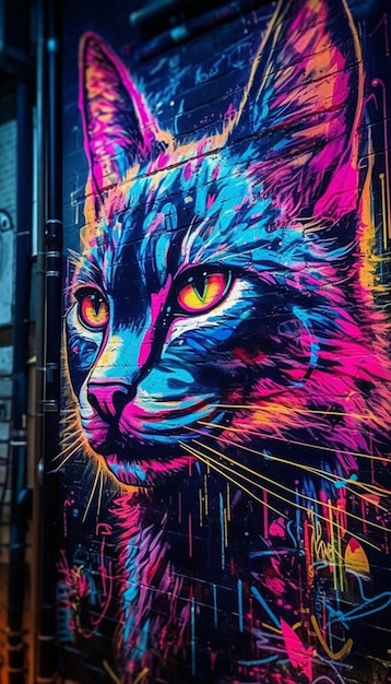 A colorful cat with yellow eyes is painted on a wall.