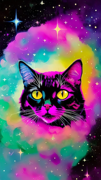 A colorful cat with yellow eyes is sitting in a space.