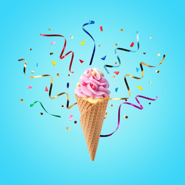 Colorful celebration background with cupcake ice cream cone and party streamers