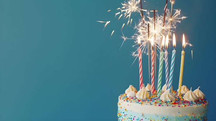 Photo colorful celebration birthday cake with colorful birthday candles and sparklers against a blue