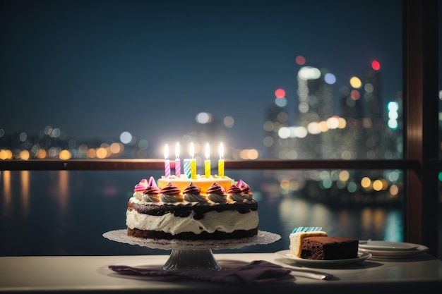 Photo colorful celebration tempting birthday cake with burning candles on table