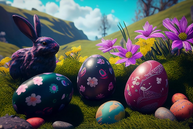 Colorful celebration with festive bunny decorated eggs and vibrant springtime decorations