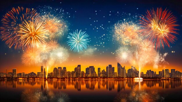 Colorful celebrations fireworks light up the night city on new year generative ai