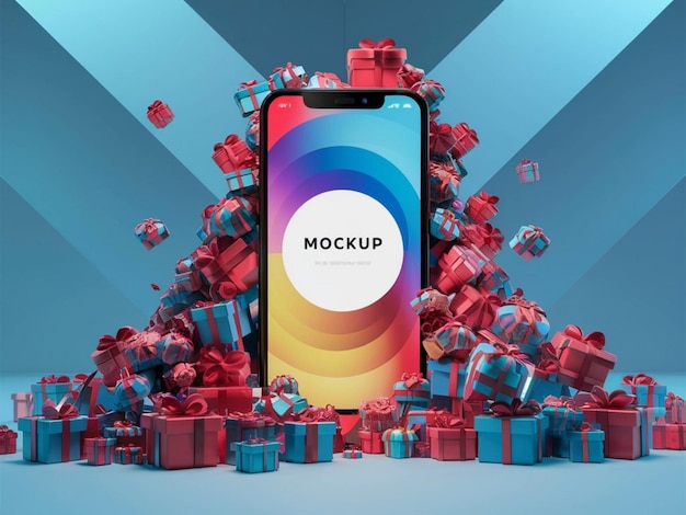 a colorful cell phone is surrounded by a pile of presents