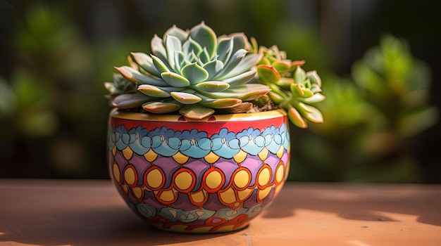 다육식물이라고 적힌 식물이 있는 다채로운 세라믹 그릇.