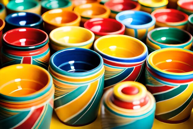 Colorful ceramic bowls are stacked on top of each other