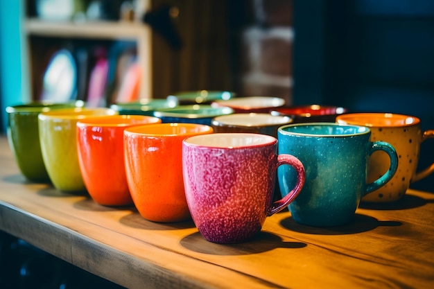 Colorful ceramic cups on wooden table