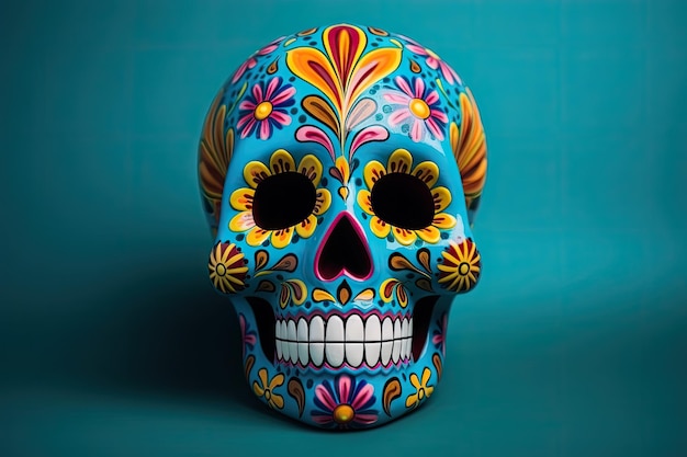 Colorful ceramic Mexican skull isolated and hand painted Crafted in Mexico with a turquoise backgrou