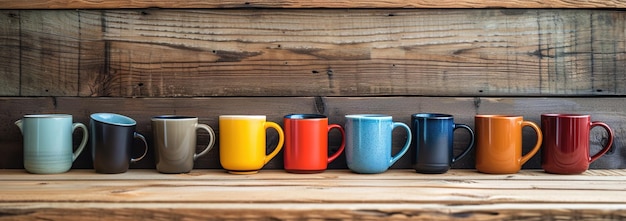 Colorful Ceramic Mugs Lined Up Against Wooden Backdrop A wide banner