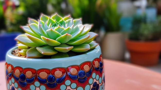 A colorful ceramic planter with a plant in the middle.