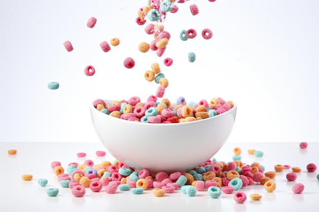 Colorful cereal drops onto white bowl