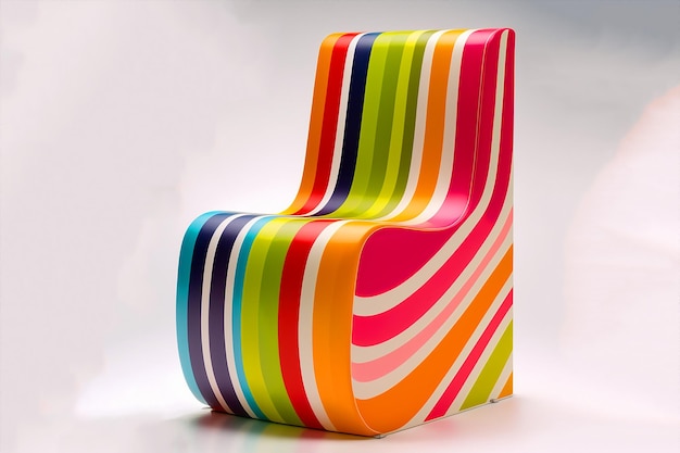 A colorful chair with stripes on it is made by a company called the brand.