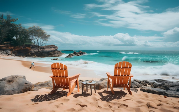 空のビーチにあるカラフルな椅子休暇と旅行のコンセプト