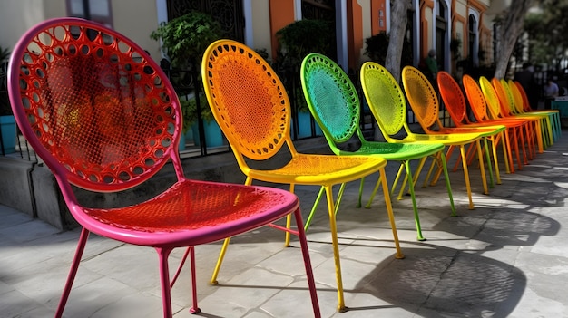 Colorful chairs in a row, one of which is rainbow colored.