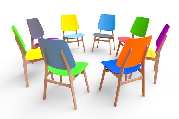 Colorful chairs stand in a circle on a white background. The concept of communication.