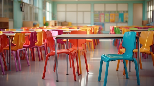 Colorful chairs surround tables in bright vibrant classroom