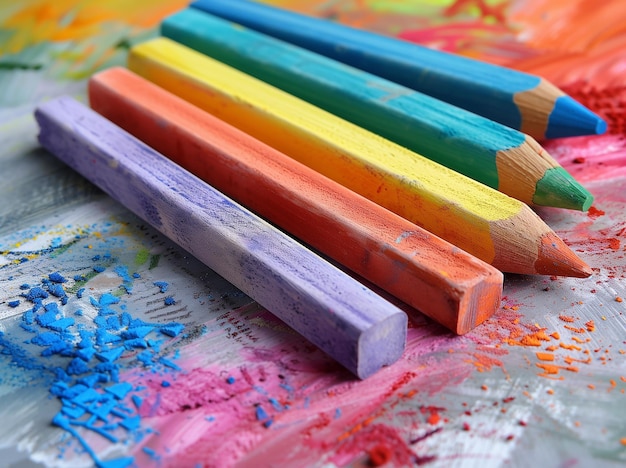  종이 에 있는 다채로운 도자기 어린이 들 의 다채로운 연필 과 파스텔 그림 들