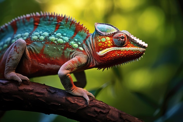 Colorful chameleon on a branch in the forest Close up of bright chameleon on the branch on dark background Ai generated